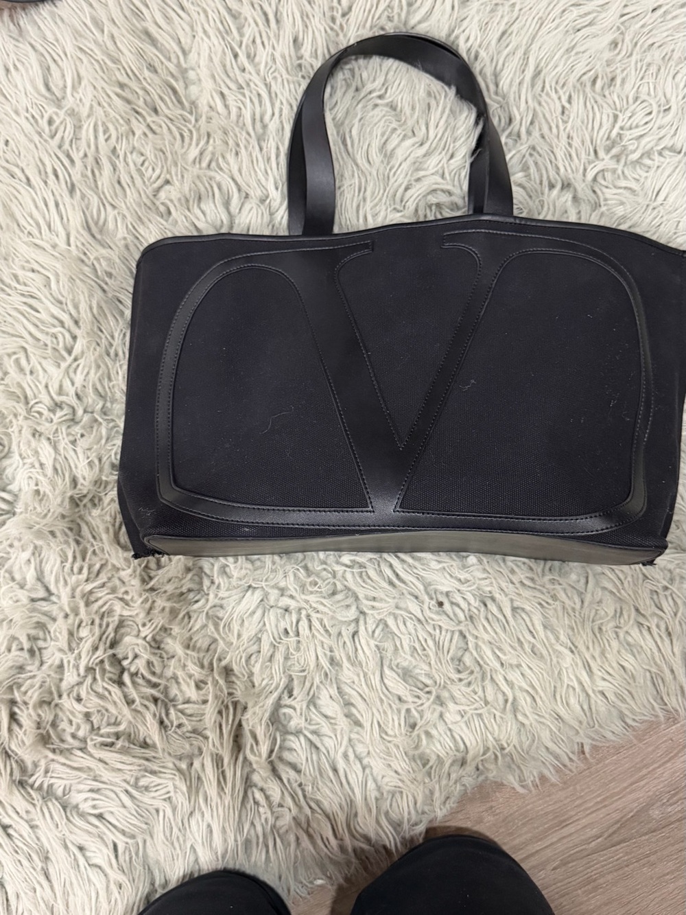 Valentino Black Embossed Logo Leather Tote